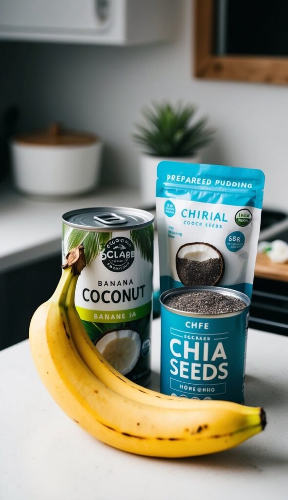 A ripe banana, a can of coconut milk, and a bag of chia seeds arranged on a kitchen counter, with a small container of prepared pudding in the background