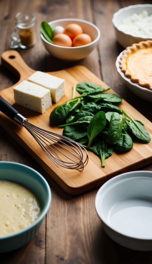 A wooden cutting board with tofu, spinach, eggs, and a whisk. A mixing bowl and a pie dish sit nearby