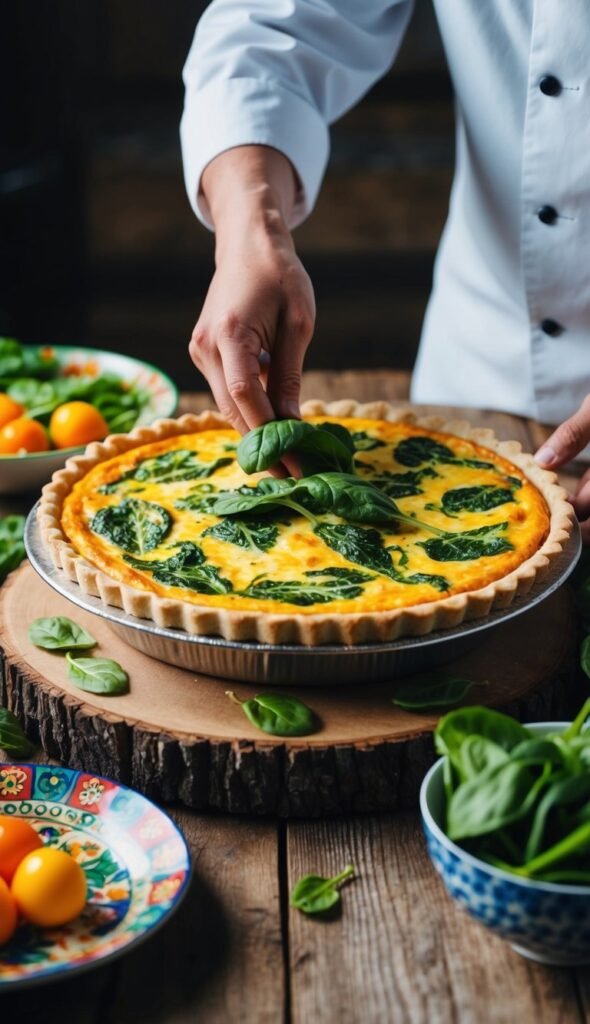A chef placing a golden-brown tofu quiche with spinach on a rustic wooden table, surrounded by fresh ingredients and a colorful serving dish