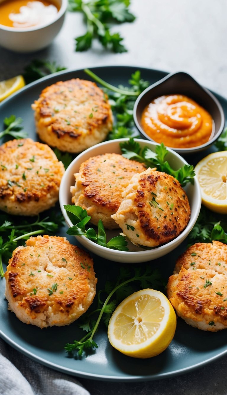 A plate of golden-brown salmon patties surrounded by a colorful array of fresh vegetables, with an air fryer in the background