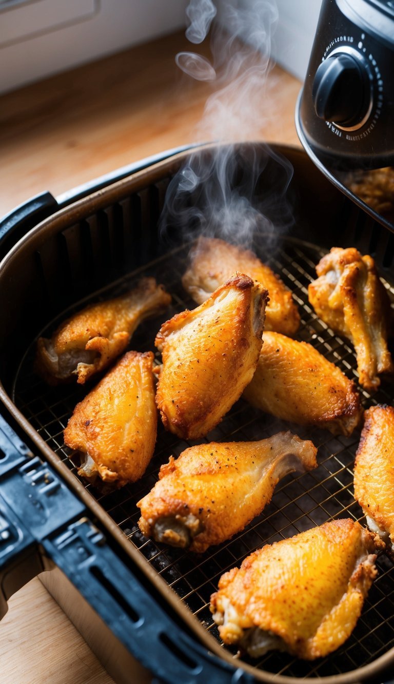 Golden, crispy chicken wings sizzling in the air fryer basket, surrounded by a light mist of steam. A tantalizing aroma fills the kitchen