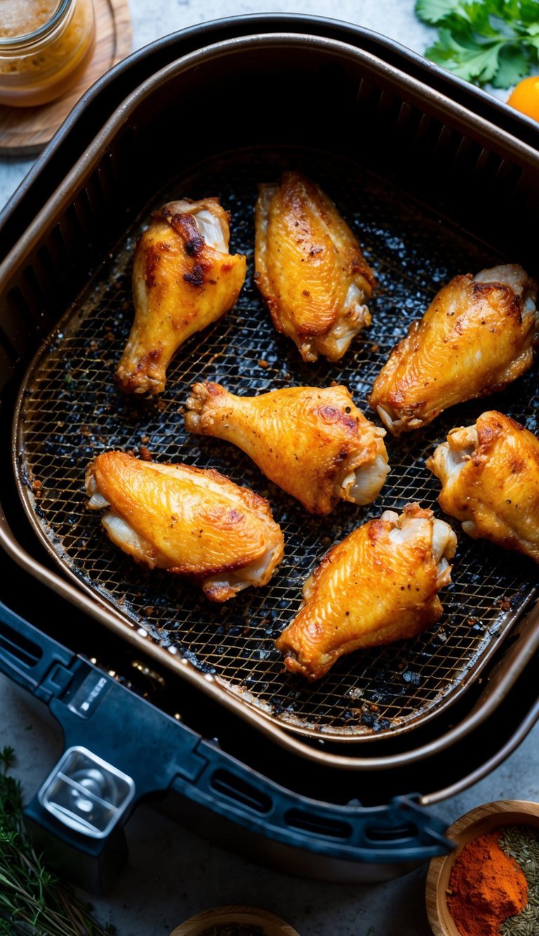 A golden-brown batch of chicken wings sizzling inside an air fryer, surrounded by aromatic spices and herbs